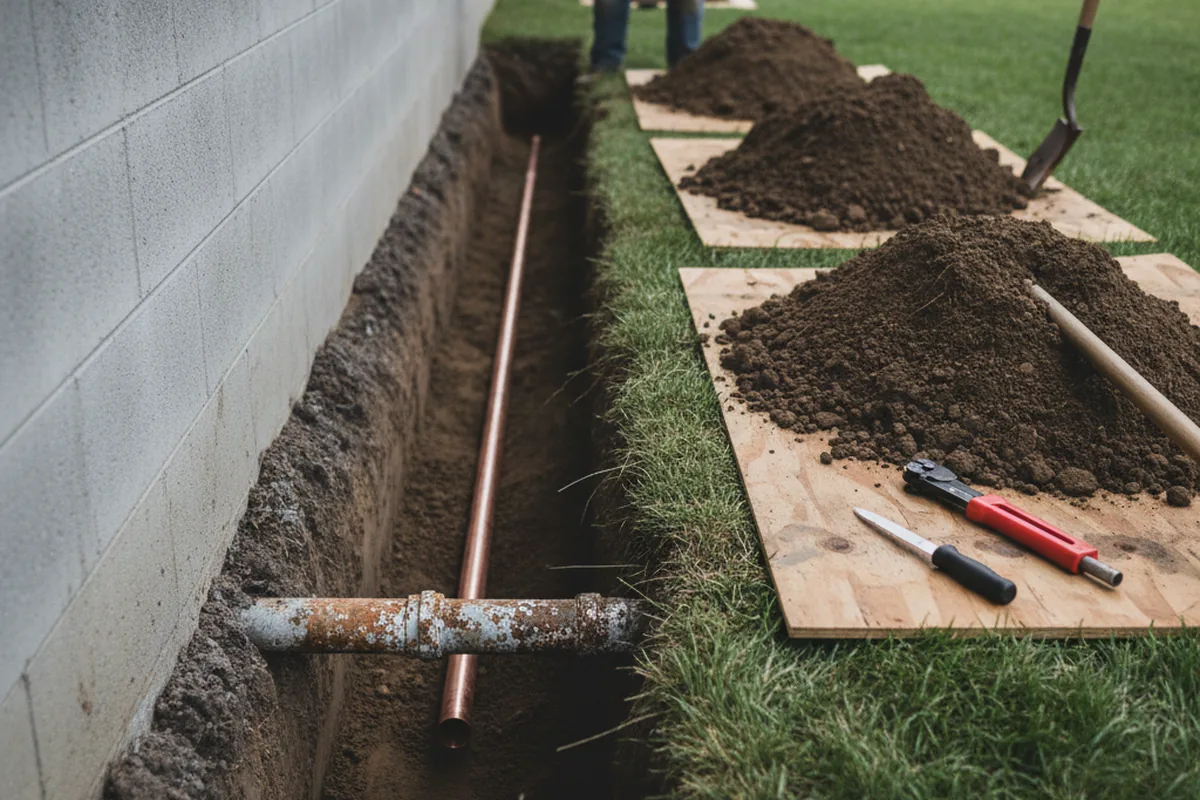 Excavated water line trench during Sewer Line Repair in Lake Charles